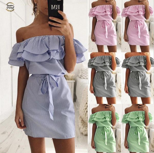 

summer women dress off shoulder strapless striped sundresses beach shirt short mini party dresses robe femme designer clothes, Black;gray