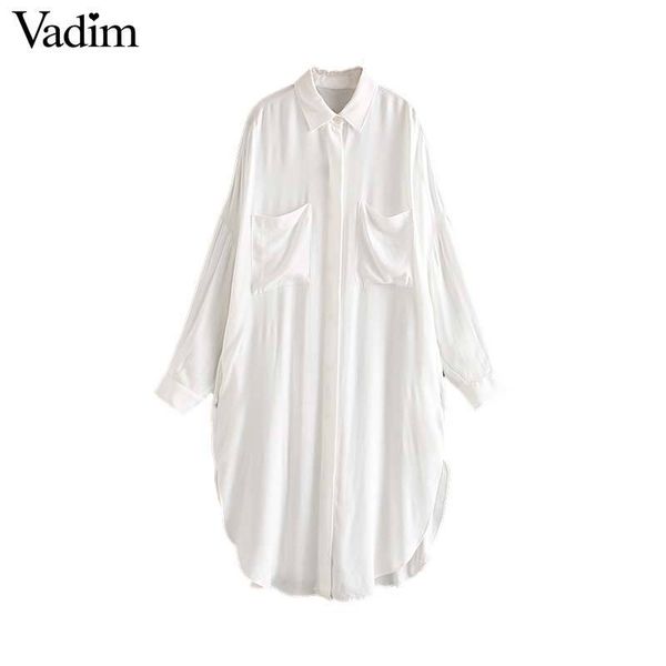 

vadim elegant loose long blouse pockets oversize style side split long sleeve shirts female casual white blusas lb788