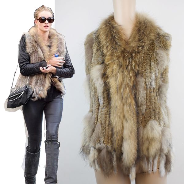 

women real fur knitted raccoon fur vest women's vests knit gilets waistcoat coat frv004, Black