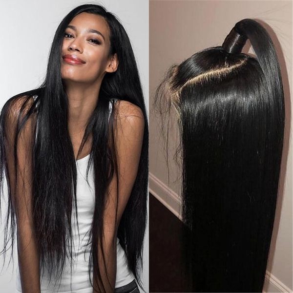 

прямой парик фронта шнурка прямые волосы 13*4 человеческих волос парики пре-щипали бесклеевой бразильский парик с волосами младенца для женщ, Black