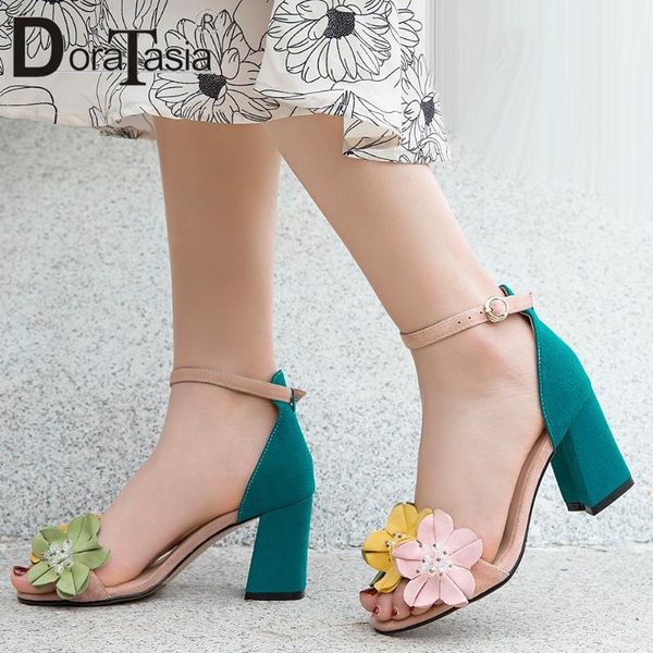 

doratasia fashion lady summer sandals casual sweet sandals women flower cover heel high heel ankle strap shoes woman, Black