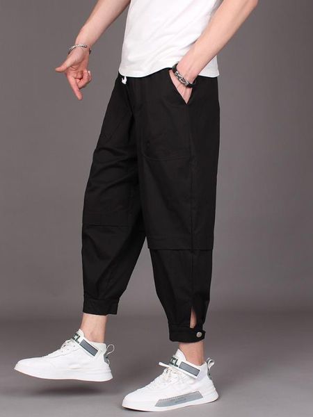 

men's pants 2021 summer ice silk baggy little feet harun korean version of casual nine-minute dad men, Black