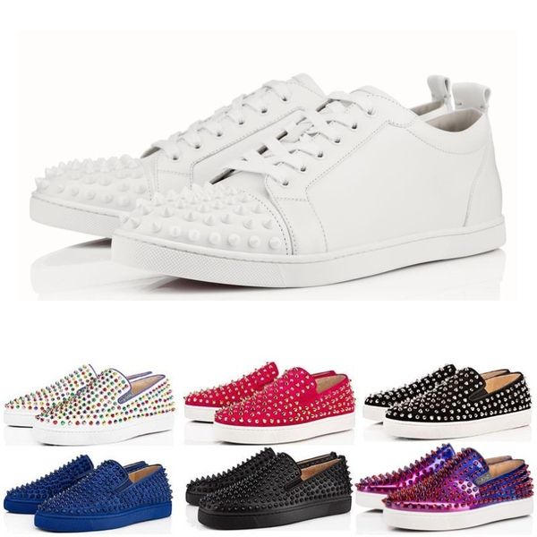 

Designer luxury fashion Brand Red Bottom Studded Spikes Flats shoes For Men Women black glitter Shining Party Lovers casual Sneakers 35-47