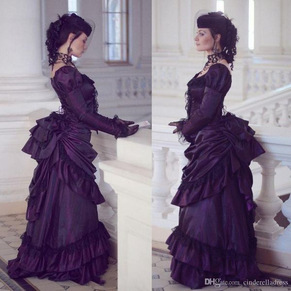 

2020 vintage victorian gothic wedding dresses retro royal house ball duchess long sleeves lace ruched renaissance aristocracy dress, White