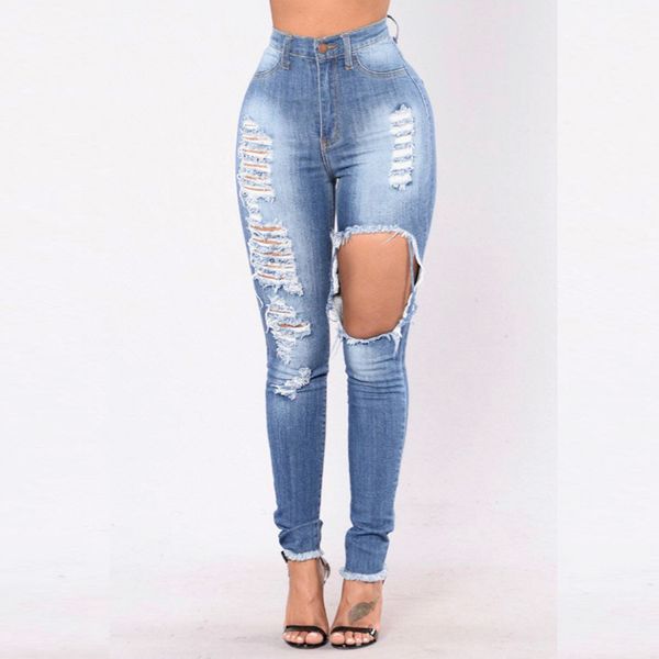 

drop shipping jeans women high waist skinny pencil blue denim pants ripped hole jeans women bleached washed summer fashion