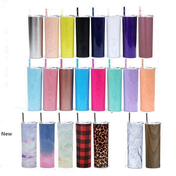 

20oz skinny stainless steel cups 600ml leopard grid straight tumbler water mugs outdoor sport bottle vacuum cup with straws lid rra3165
