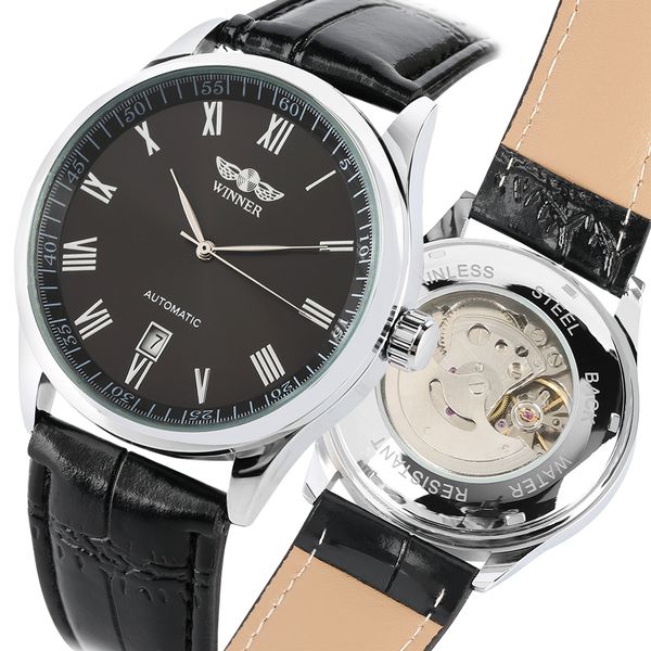 

men's fashion automatic self-wind mechanical watches stainless steel case black leather watchband classic casual watch, Slivery;brown