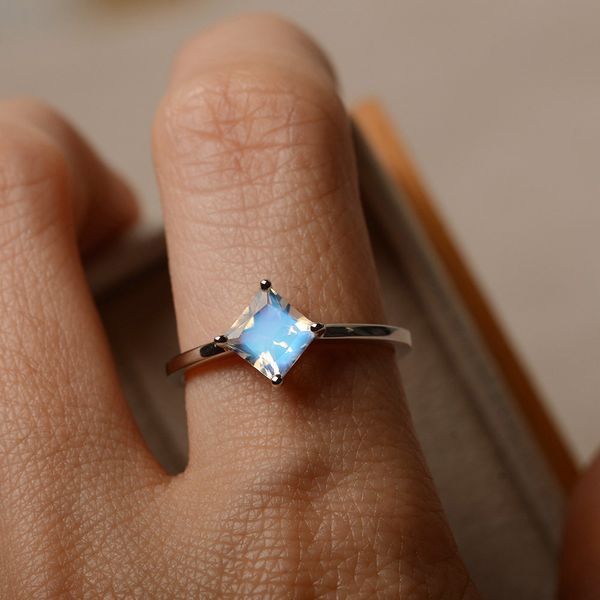 

cute female small moonstone ring simple geometric engagement ring fashion unique style vintage wedding rings for women, Slivery;golden