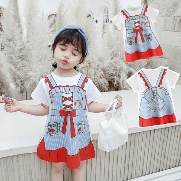 

summer little fresh girl print and knee-length t-shirt dress baby sweet bow cute round collar cotton princess dress, Red;yellow