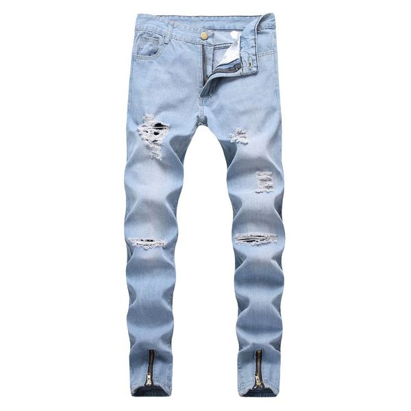 

hole jeans pants men motocycle denim trousers business jeans homme, Blue