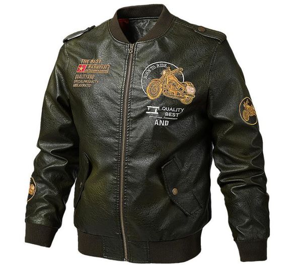 

clothing outerwear & coats plus size foreign trade european green american men's pu leather coat collar jacket with embroidery, Black