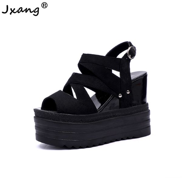 

jxang high-heeled gladiator sandals ladies platform shoes summer fashion leather wedge heel sandals chunky zapatos mujer, Black