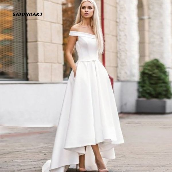 

satonoaki 2020 платье boho свадьба с карман привет-lo невесты платья платье де novia сатин с плеча элегантный свадебное платье, White