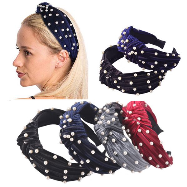 

8 цветов женская жемчужина оголовье твист hairband лук трикотажные ребра корейской моды узел галстук-крест бархат headwrap ленты для волос д, Brown