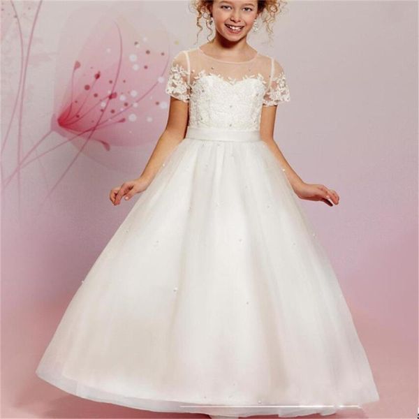 

white flower girl dresses for wedding short sleeve little girl birthday party lace applique gown holy communion pageant dress, Red;yellow