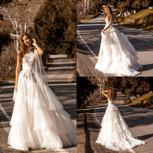 

crystal design beach wedding dresses 2019 lace appliques high neck ruffles bridal gowns custom summer beach wedding dress, White