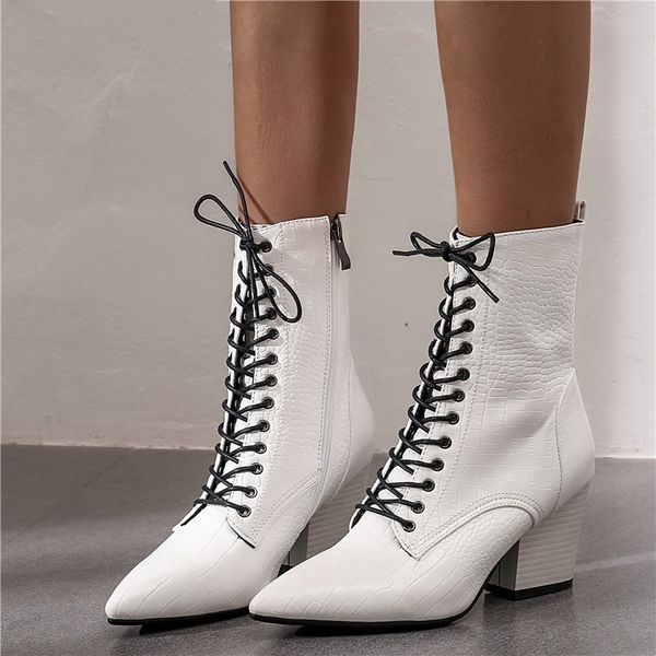 

huapate new women boots pointed toe lace up autumn winter boots vintage high heels ladies office shoes western ankle, Black