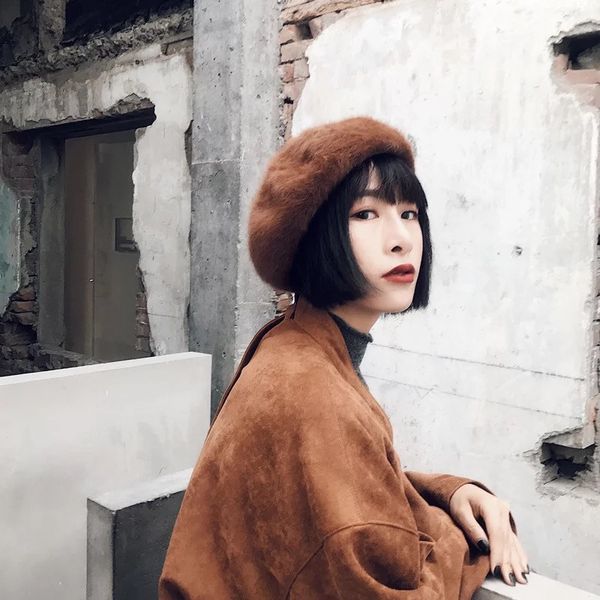 

beret 2020 fashion autumn winter solid wool beret princess hats for women artist chapeu feminino cap fur elegant, Blue;gray