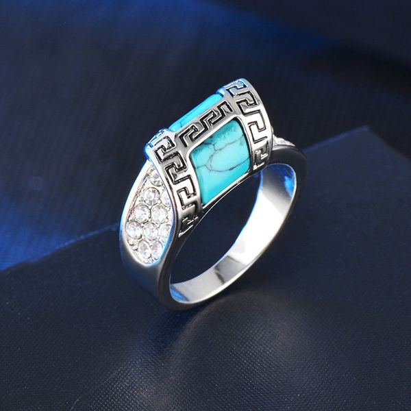 

european and american fashion boutique ring wholesale silver plated inlaid turquoise ring hand jewelry retro ring