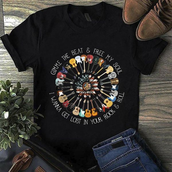 

hippie america guitar gimme the beat & my soul t shirt black men s 6xl, White;black