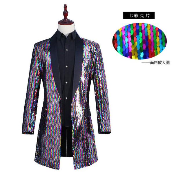 

discoloration flip colorful sequin clothes men suits stage singers jacket men blazer dance fashion dress man long trench coats, White;black