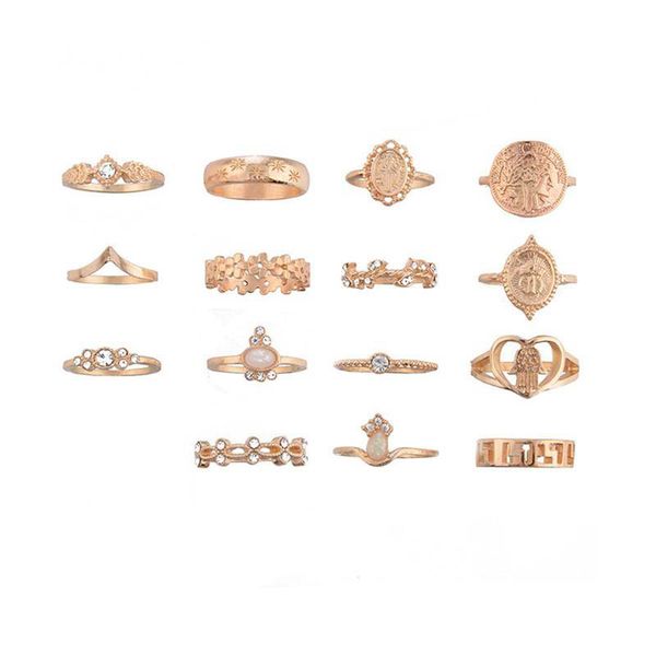 

vintage 15pcs/set gold color statement rings set for women new fashion geometric midi finger ring female bohemian jewelry gifts, Silver