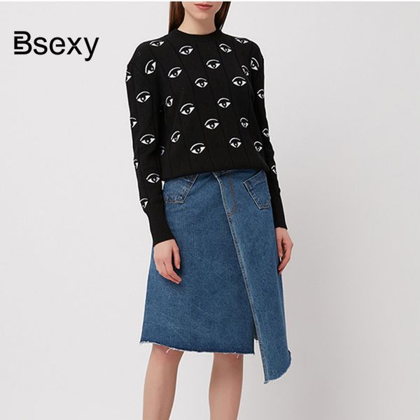 

fall 2019 women black pullovers eyes embroidery sweater round neck runway designer loose lazy oaf women knitted sweaters, White;black