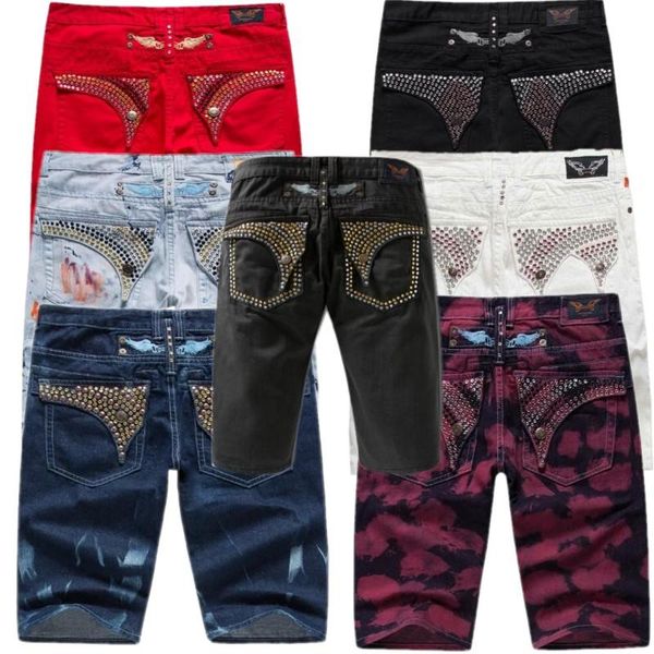 

2020 man diamond rivets robin jeans sommer stil robbins shorts jeans male denim oil paint cowboy shorts famous golden wings jeans size 30-40, Blue
