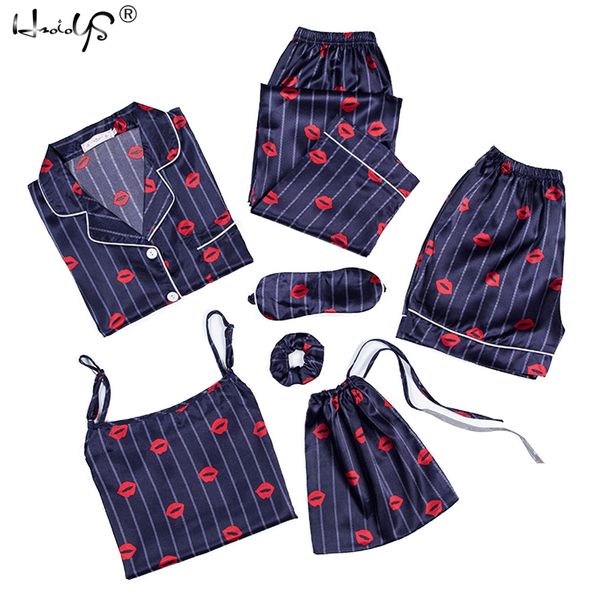 

women's 7 pieces pajamas sets silk satin striped pyjama women sleepwear sets spring summer autumn homewear nightgown pijama, Black;red