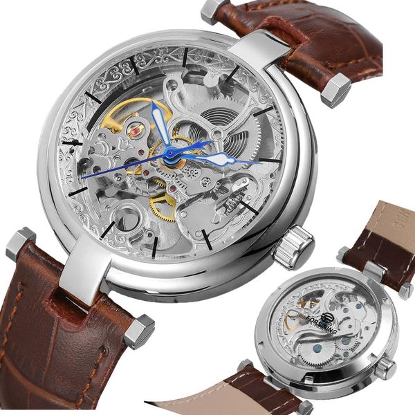

relogio msaculino forsining ultra thin transparent automatic mechanical watches skeleton design leather strap men's wristwatches, Slivery;brown