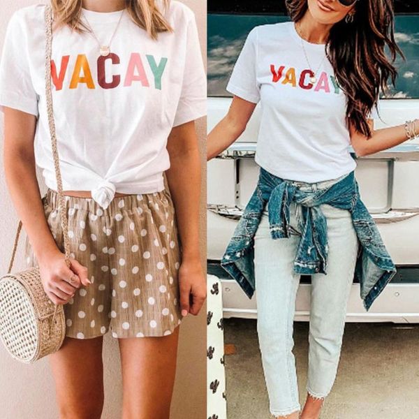 

fashion womens casual o-neck letter printed vacay white t-shirt short sleeve summer girl's female tees shirts shirt camisa