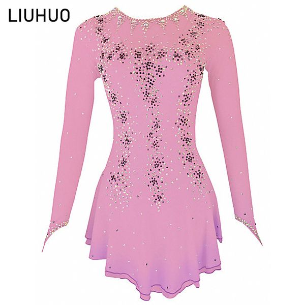 LIUHUO Nuovo design figura pattinaggio su ghiaccio abiti donna bambini maniche lunghe costumi ragazze vestito operato rosa