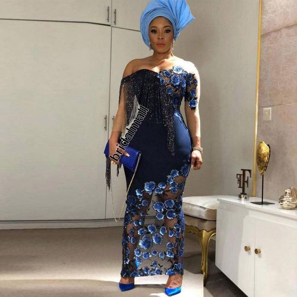 

sheath ankle length afirca prom dresses off the shoulder three quarter sleeve 3d flower cocktail party gowns, Black