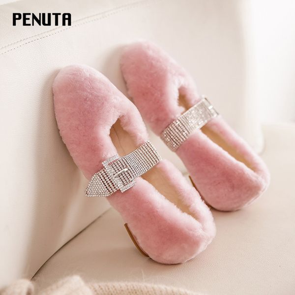 

penuta pink fur loafers ladies rhinestine buckle shoes winter warm ballet shoes girl's lovely crystal furry mules new european, Black