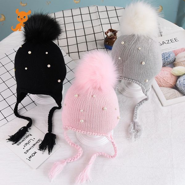 

arrival cute kid babies beanies caps child crochet winter warm knit hats cap baby boy girls beading hair ball earbud hat, Yellow