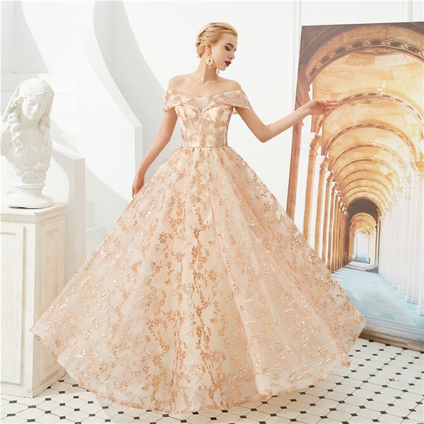 

shiny rose gold a-line prom dresses lace up back off the shoulder sequins long evening gowns custom made plus size, Black