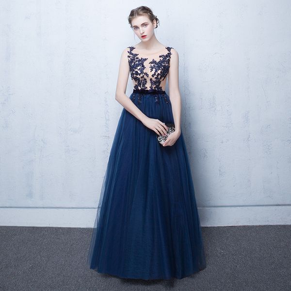 

navy blue o neck evening dress with lace appliques 2020 sheer back long evening gowns floor length formal dresses, Black;red