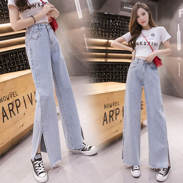 

high waist drape burrs open wide leg pants women's new wild trend elastic waist straight drag pants wind old jeans, Blue