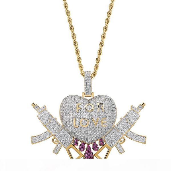 

men women hip hop jewelry gold plated sparkling cz for love heart guns pendant necklace for men women nice gift, Silver