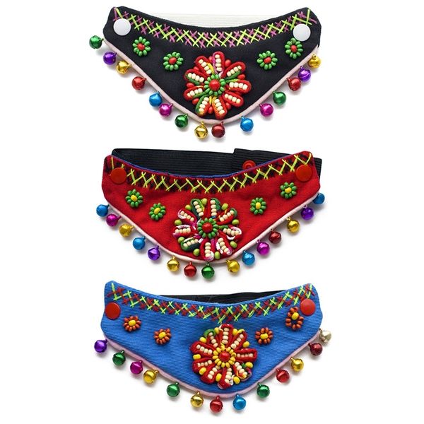 

national wind pet bandanas pet triangle neck decoration accessories turban dog collar with bell colorful flower scarf make pets dog apparel