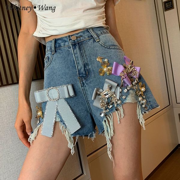 

whitney wang shorts 2020 summer fashion streetwear style bow diamonds denim shorts women jeans plus size 5xl, Blue
