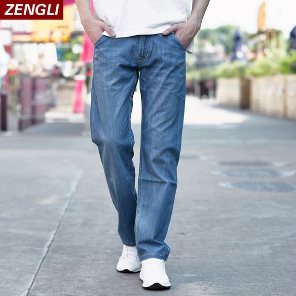 

zengli fashion men elastic jeans classic mens stretch cotton denim pants regular fit thin and breathable mid waist plus size 48, Blue