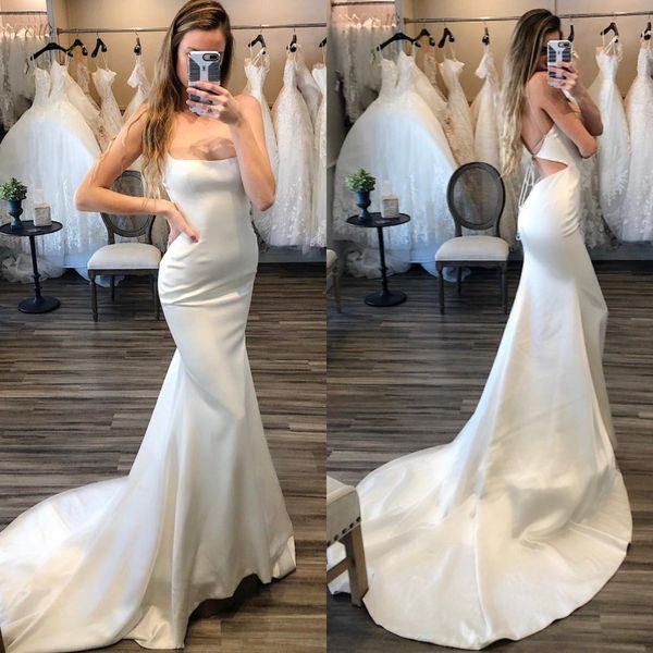 

mermaid wedding dresses backless bridal gowns sweep tail spaghetti satin beach wedding gowns custom made styles, White
