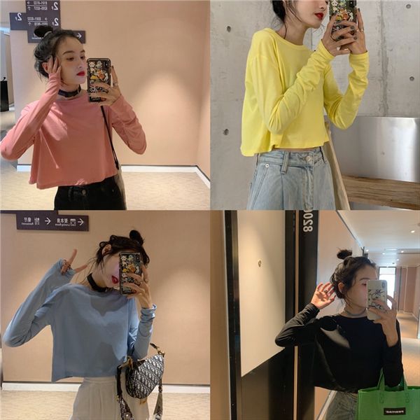

2019 autumn simple all-match loose basic round neck solid color navel short long sleeve t-shirt female, White
