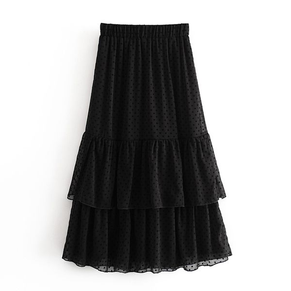 

элина повседневная точка печатных юбки женская мода эластичный пояс подкладка юбка женщины элегантные оборками середины икры юбки женские да, Black