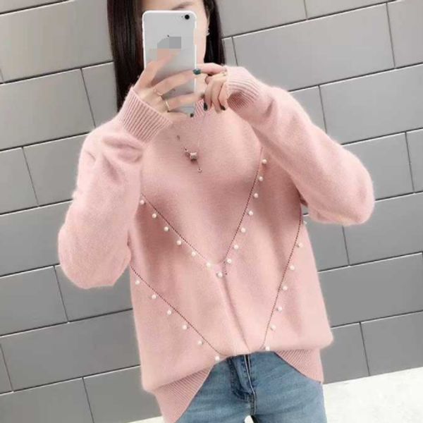 

2020 autumn winter women solid beading knit pullover sweater female korean style tricot jumper pull femme aq622, White;black