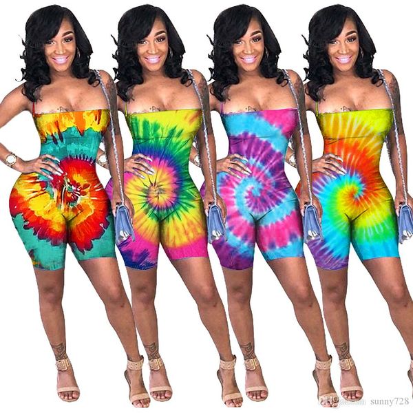 

multicolored tie-dye printing playsuits summer strapless overall shorts lace up backless sleeveless stretchy nightclub jumpsuits, Black;white