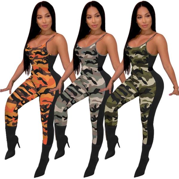 

strap backless off shoulder overalls jumpsuits fashion women splice camouflage slim bodycon long pants summer skinny romper, Black;white