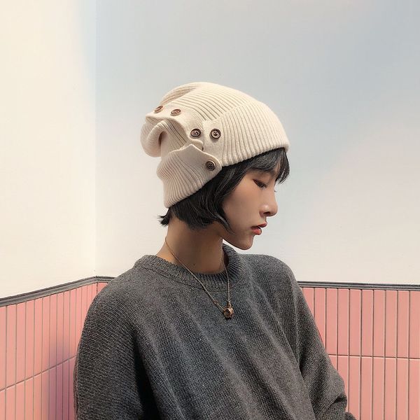

2019 spring summer woman stylish sell solid color six colors knitting button decoration keep warm hat all match casual, Blue;gray