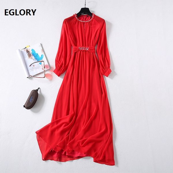 

casual dresses red long dress 2021 spring summer women crystal beading bow belt deco sleeve pearl chiffon maxi festival, Black;gray